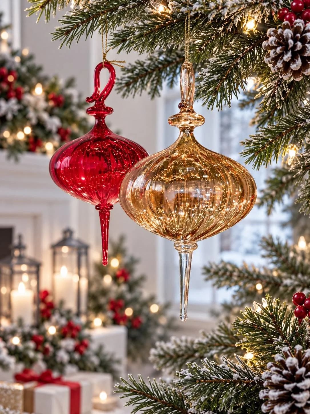 Red and champagne glass ornaments hanging from frosted evergreen branches
