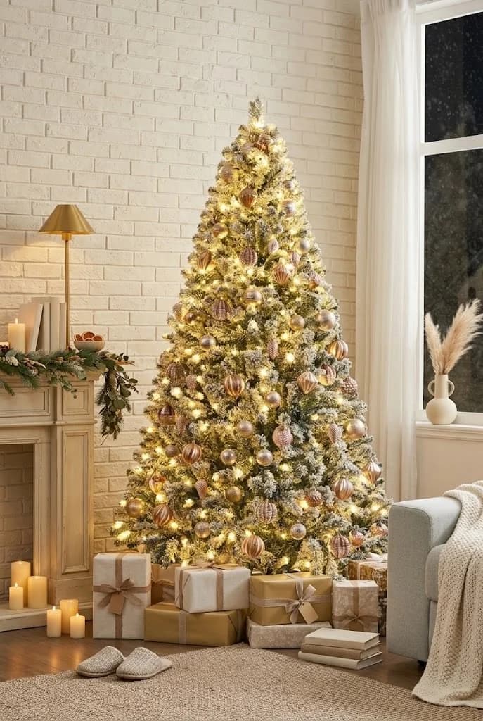 Champagne and ivory flocked tree beside white brick and gifts