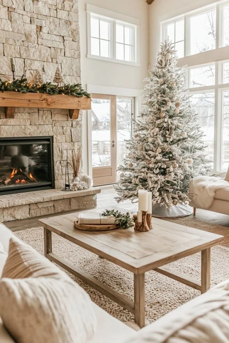 Flocked Christmas tree beside a stone fireplace and large windows