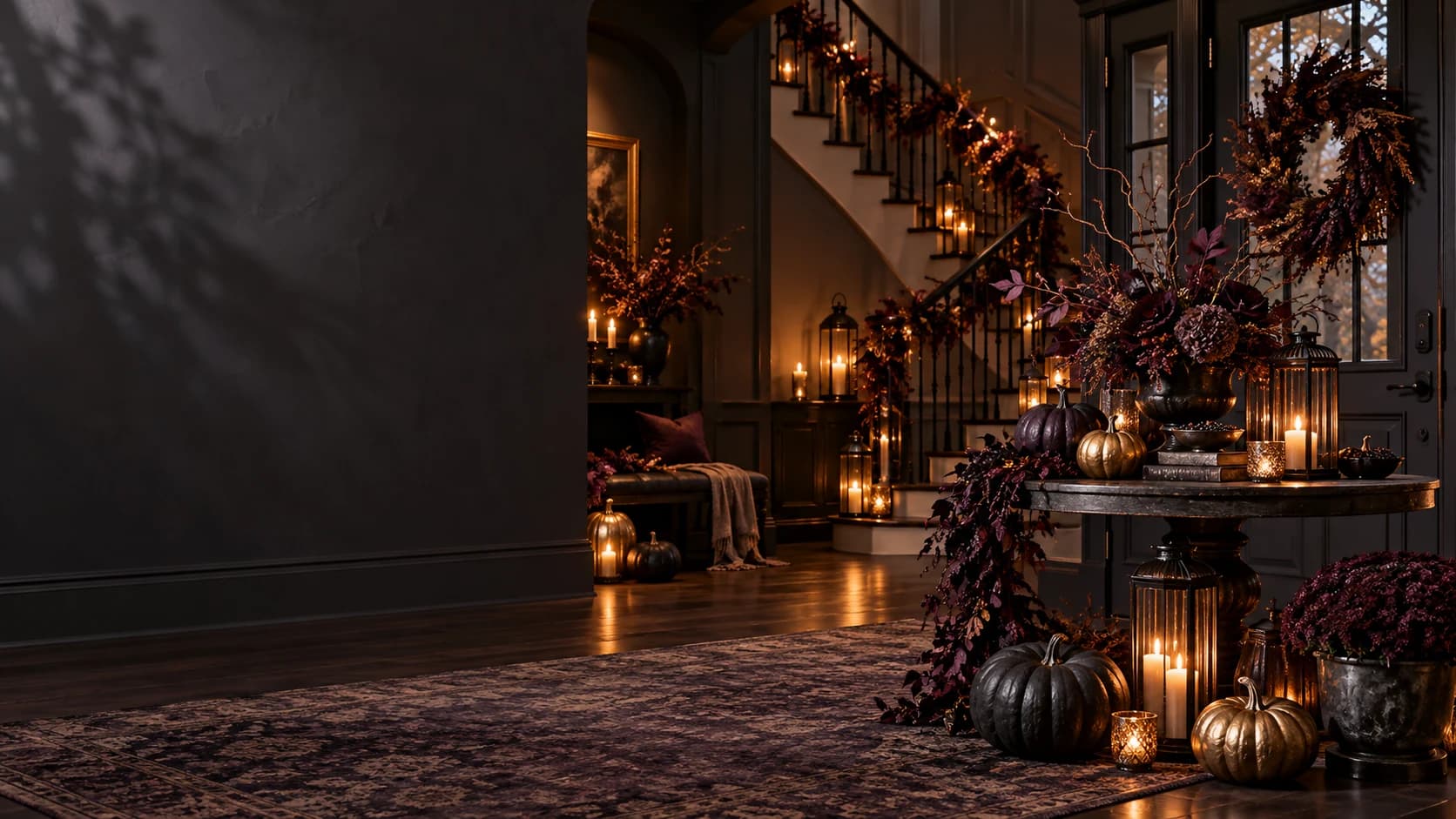 Moody Halloween entrance with pumpkins, lanterns and autumn garlands