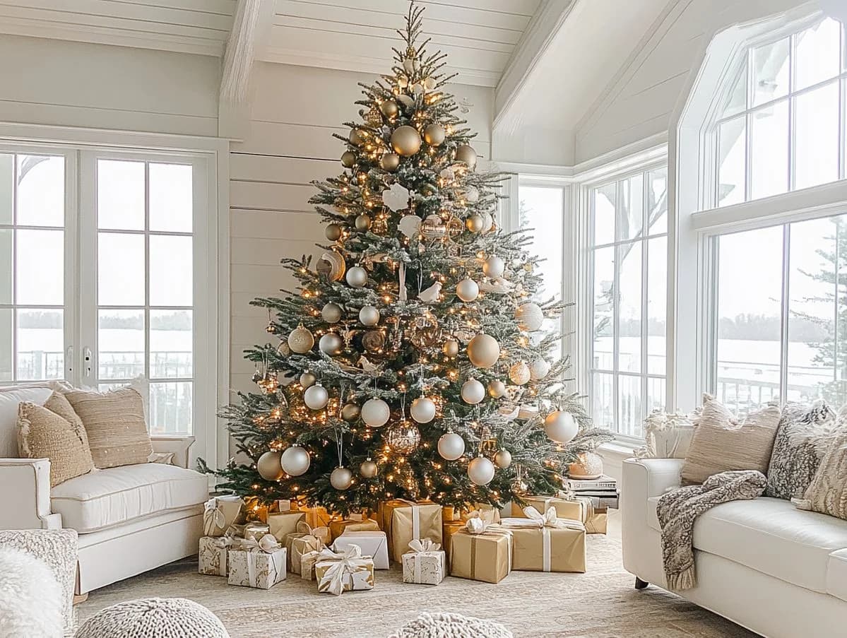Bright winter room with an ivory and gold Christmas tree